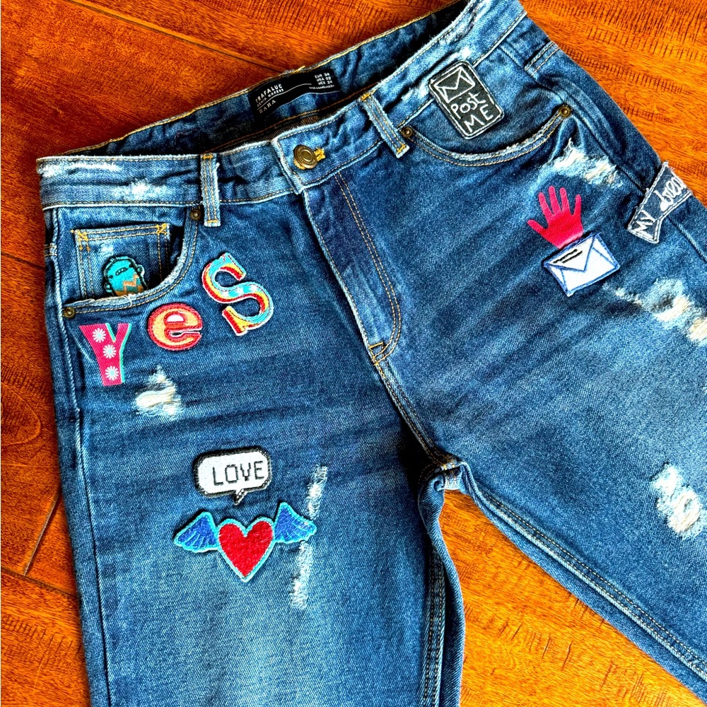 Cool denim with patches.